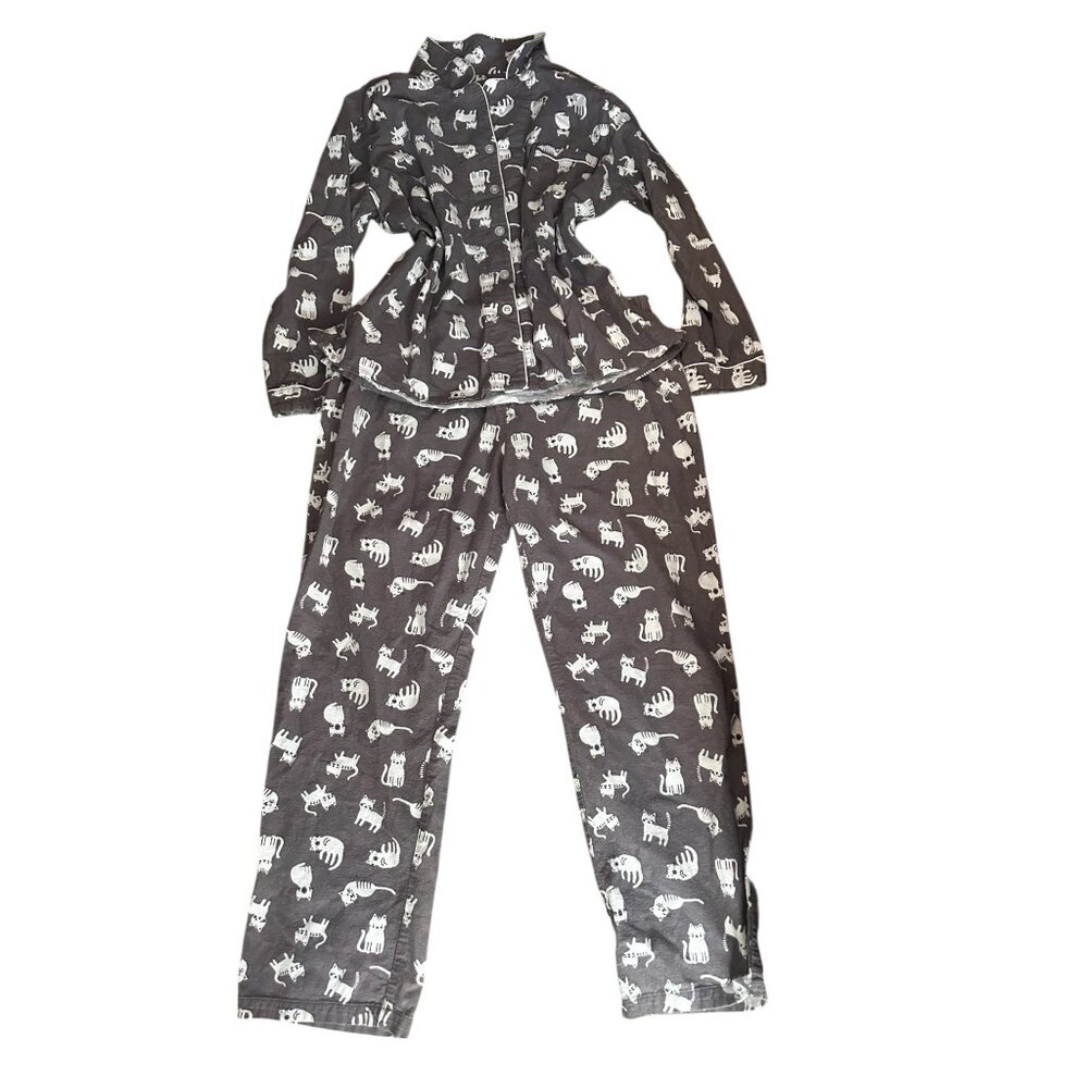 Pajama Mania Fleece Cat Lover Pajama Set Womens XL Gray Cotton Button Down Cozy